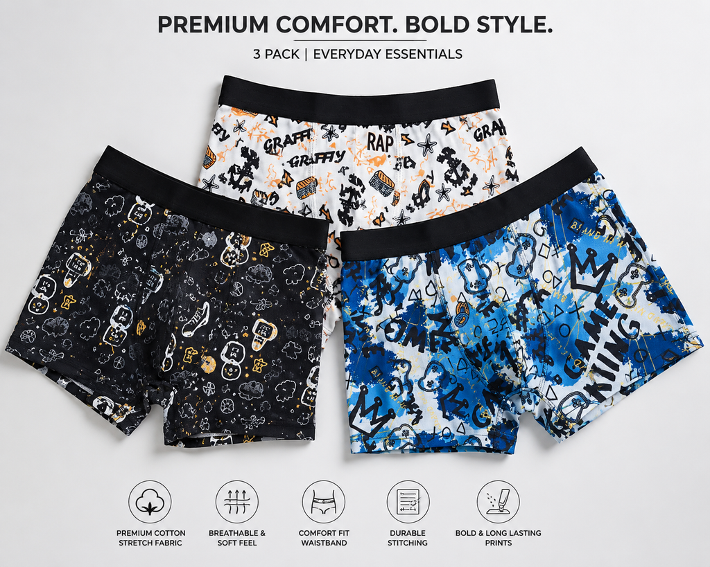 3 Pack Trunks – Comfortable Everyday Innerwear (White Graffiti, Blue Gaming, Black Doodle)