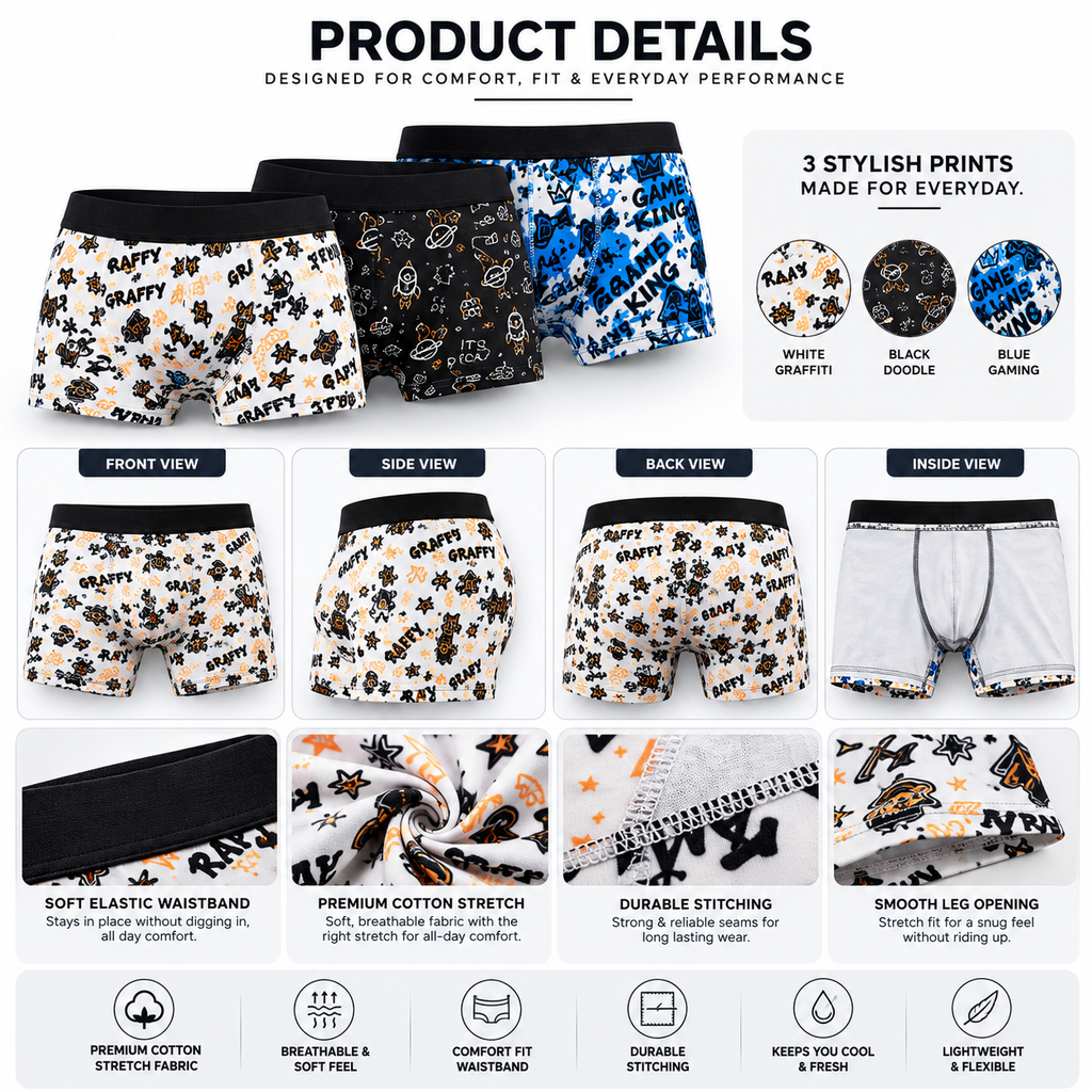 3 Pack Trunks – Comfortable Everyday Innerwear (White Graffiti, Blue Gaming, Black Doodle)