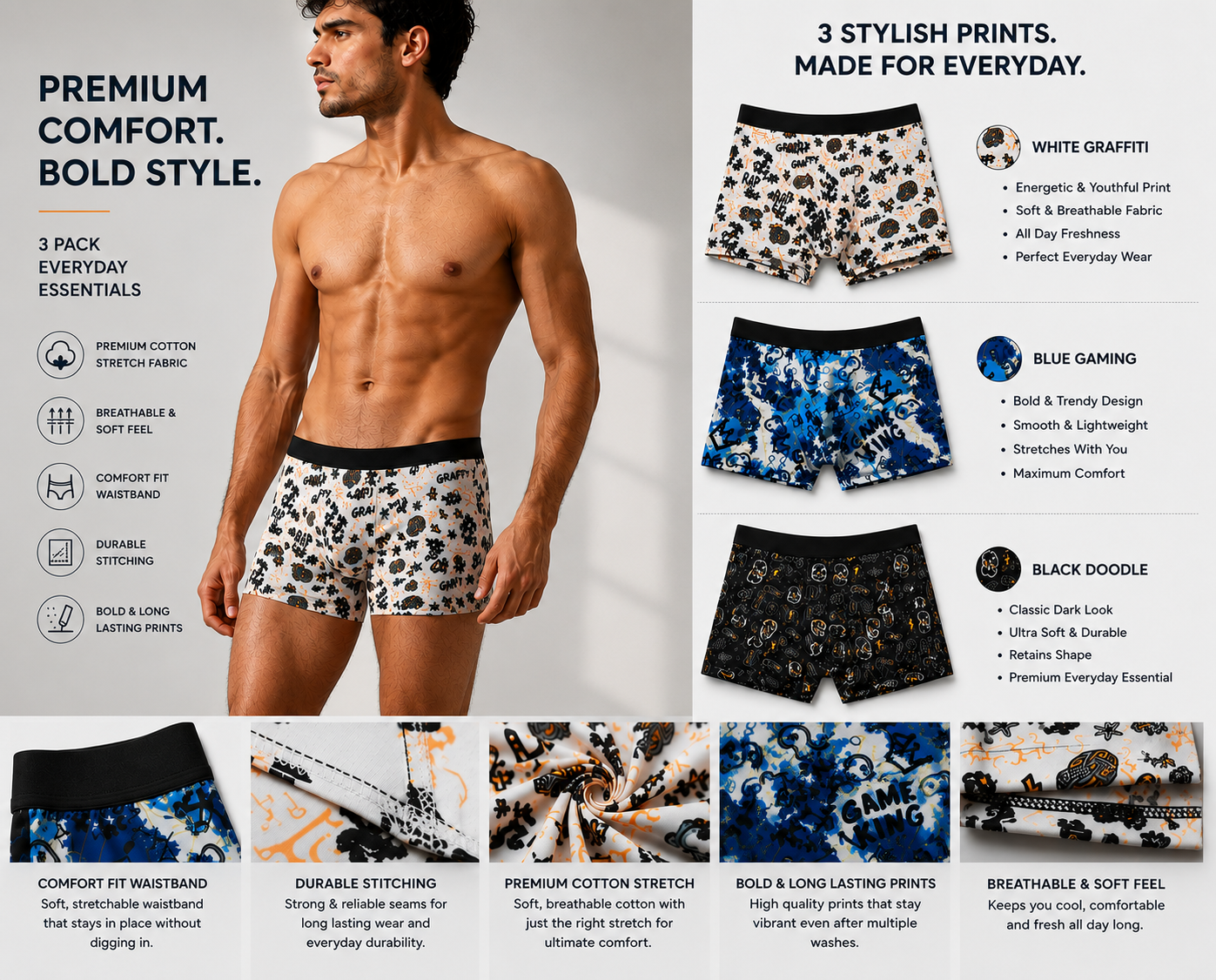 3 Pack Trunks – Comfortable Everyday Innerwear (White Graffiti, Blue Gaming, Black Doodle)